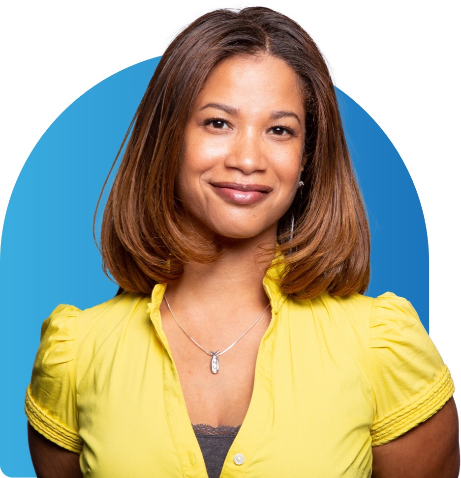 Photo of happy business woman in yellow shirt