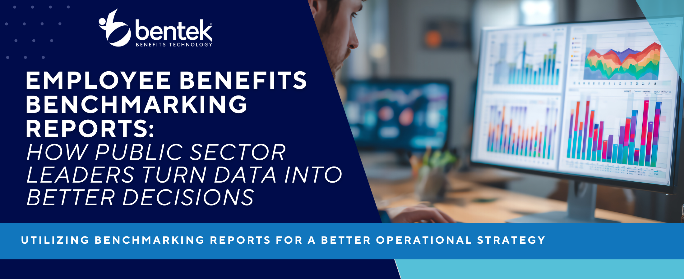Bentek employee benefits benchmarking graphic showing public sector HR leaders analyzing employee benefits data and benchmarking reports on a benefits administration platform dashboard to guide strategic benefits decisions.