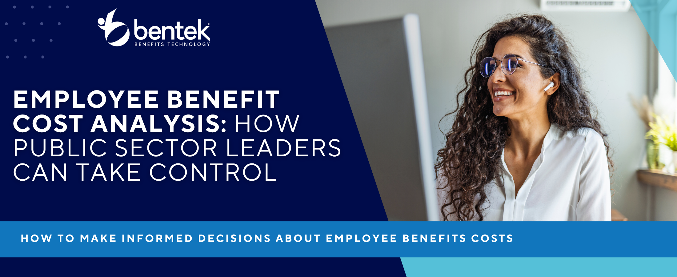 Employee Benefit Cost Analysis guide for public sector HR technology featuring a benefits administration platform dashboard and HR professional reviewing data