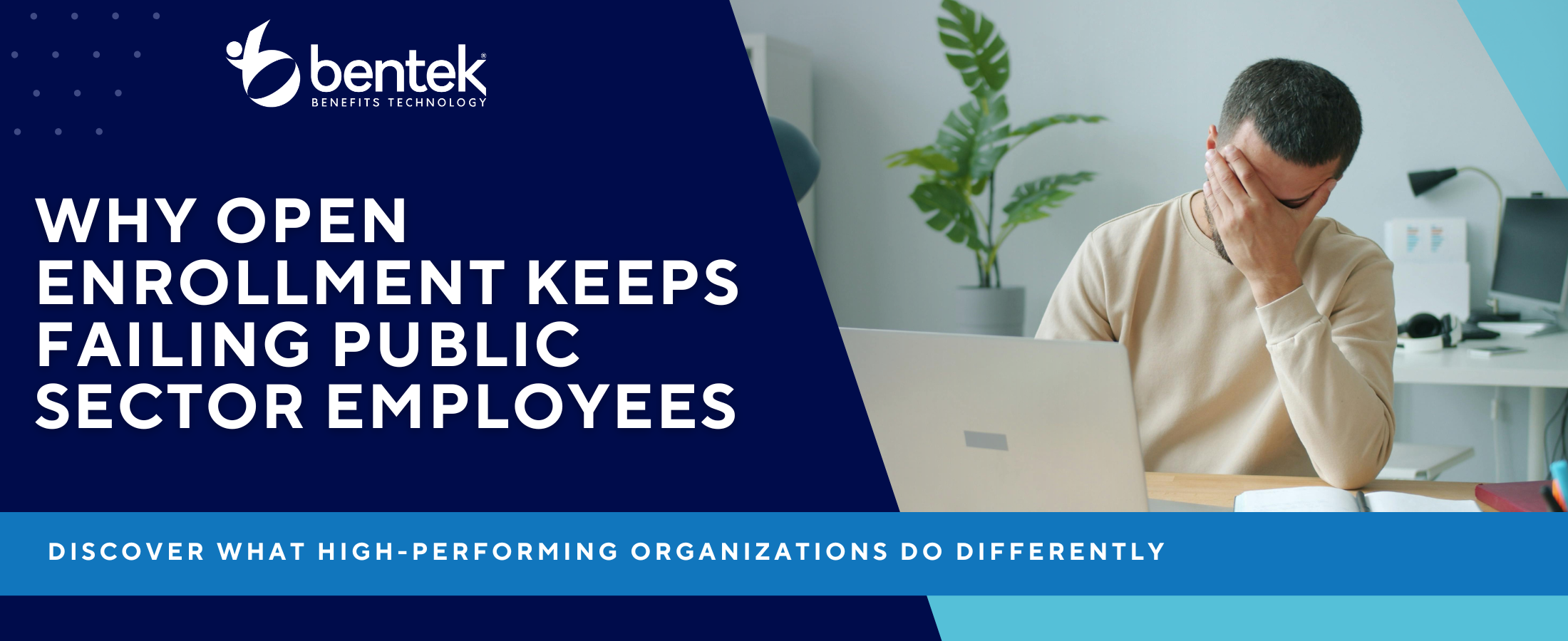 Open enrollment challenges in the public sector showing stressed employee reviewing benefits enrollment options highlighting need for benefits administration platform and HR systems improvement