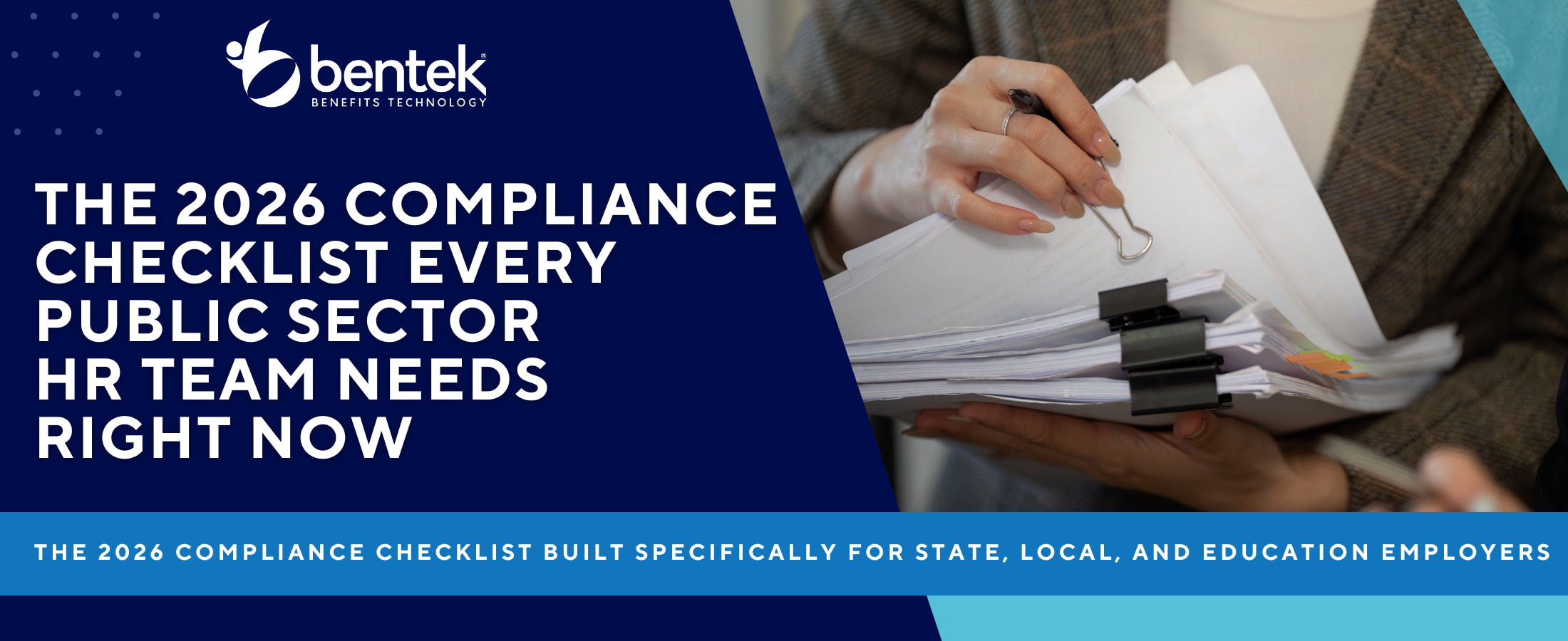 Public sector HR compliance checklist 2026 with HR professional reviewing documents highlighting compliance requirements and benefits administration platform for government organizations