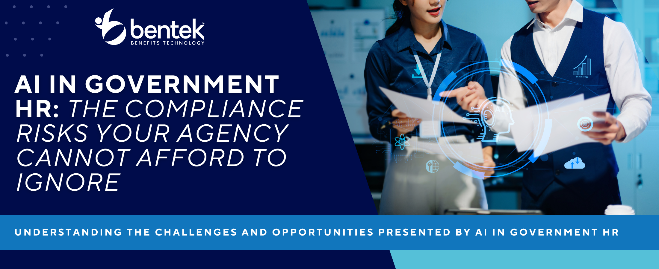AI in government HR compliance risks with HR professionals reviewing data and digital interface highlighting need for secure HR systems and benefits administration platform